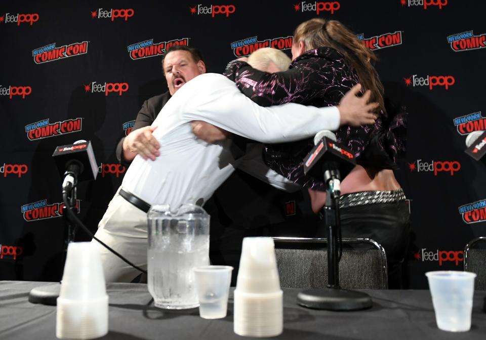 NEW YORK, NEW YORK - OCTOBER 04: (L-R) Cody Rhodes and Chris Jericho face off at the All Elite Wrestling panel during 2019 New York Comic Con at Jacob Javits Center on October 04, 2019 in New York City. (Photo by Noam Galai/Getty Images for WarnerMedia Company)