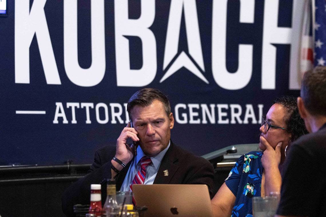 Kansas Attorney General candidate Kris Kobach awaits the results during his watch party at the Celtic Fox Irish Pub and Restaurant in Topeka, Kan., on Tuesday, Aug. 2, 2022.