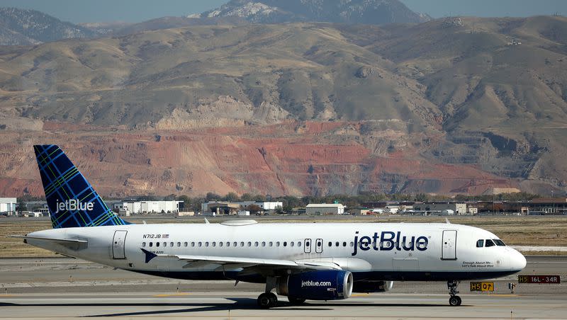 A JetBlue plane is pictured at Salt Lake City International Airport in Salt Lake City on Oct. 31, 2023. Frustrated fliers are facing a new scam, according to new reports.