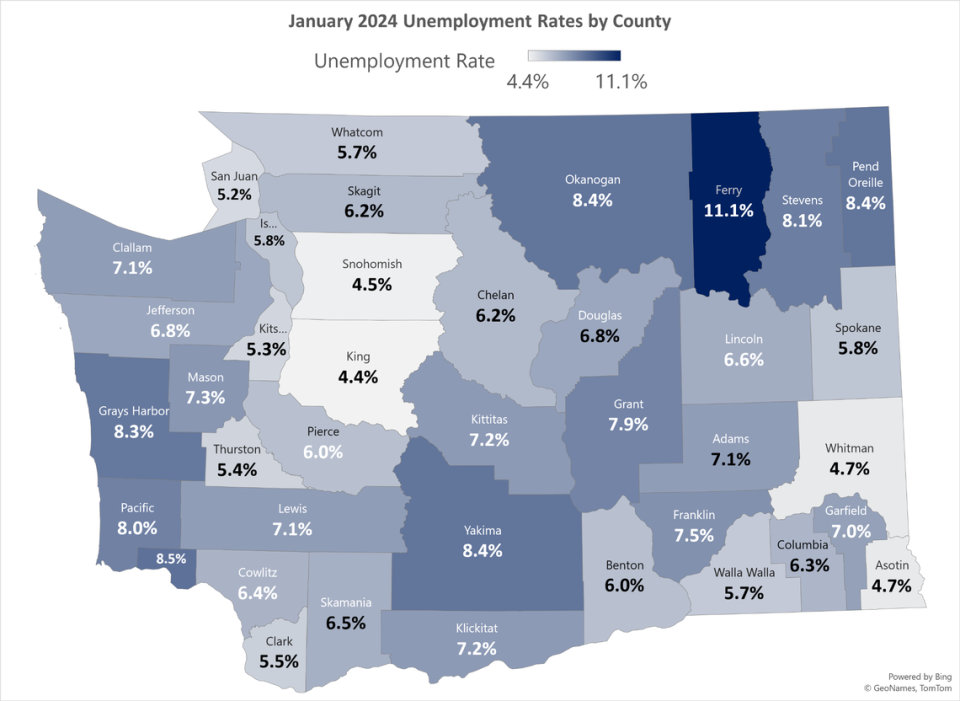 January 2024 Unemployment rates by county Washington State Employment Security Department/ESDWAGOV