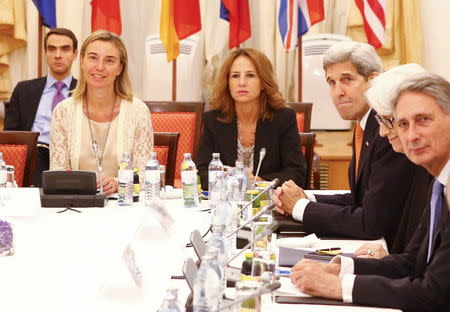 European Union High Representative for Foreign Affairs and Security Policy Federica Mogherini (L), U.S. Secretary of State John Kerry (3rd L), Under Secretary for Political Affairs Wendy Sherman and British Foreign Secretary Philip Hammond (R) wait for the start of a meeting at a hotel in Vienna, Austria July 9, 2015. REUTERS/Leonhard Foeger