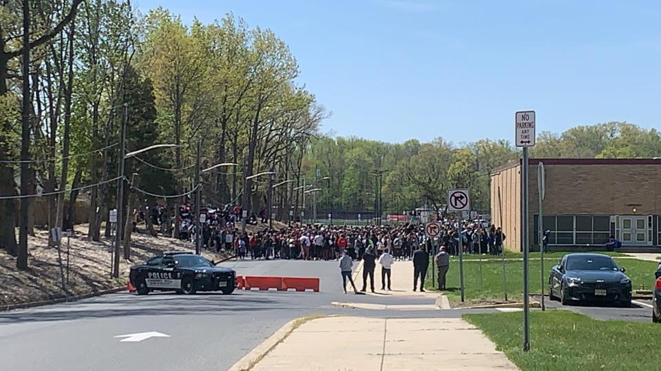 Cherry Hill East High School students walk out during classes Friday, April 29, 2022, to protest the transfer of their favorite teaches to other district schools come Sept. 2022.