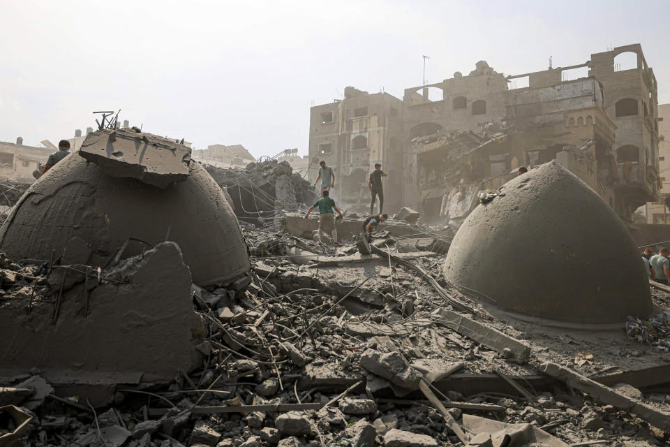 Image: The Sousi mosque in Gaza City reduced to rubble by an Israeli airstrike on Oct. 9. (Mahmud Hams / AFP via Getty Images)