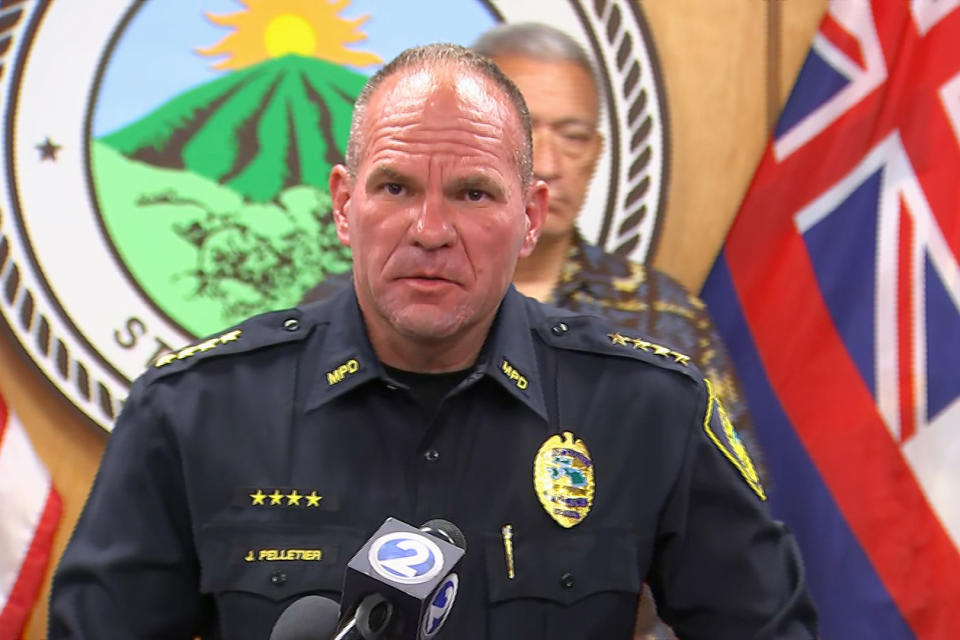 Maui Chief of Police John Pelletier speaks at a briefing, in Maui, Hawaii, on Aug. 22, 2023. (NBC News)