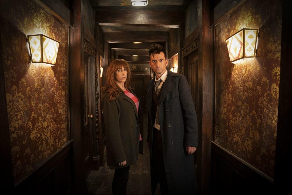 doctor who stars david tennant and catherine tate in a scene from 60th anniversary special the giggle