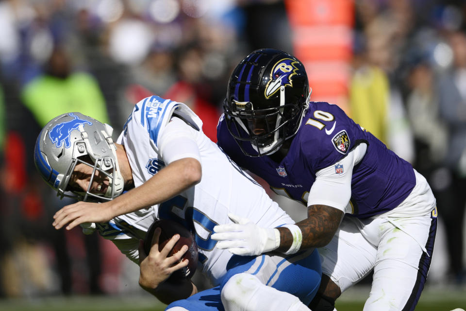 Detroit Lions quarterback Jared Goff (16) is sacked by Baltimore Ravens cornerback Arthur Maulet (10). (AP Photo/Nick Wass)