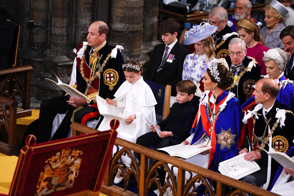 LONDON, ENGLAND - MAY 06: (left to right 1st row)Prince William, Prince of Wales, Princess Charlotte, Prince Louis, Catherine, Princess of Wales and the Duke of Edinburgh at the Coronation of King Charles III and Queen Camilla on May 6, 2023 in London, England. The Coronation of Charles III and his wife, Camilla, as King and Queen of the United Kingdom of Great Britain and Northern Ireland, and the other Commonwealth realms takes place at Westminster Abbey today. Charles acceded to the throne on 8 September 2022, upon the death of his mother, Elizabeth II. (Photo by Yui Mok - WPA Pool/Getty Images)