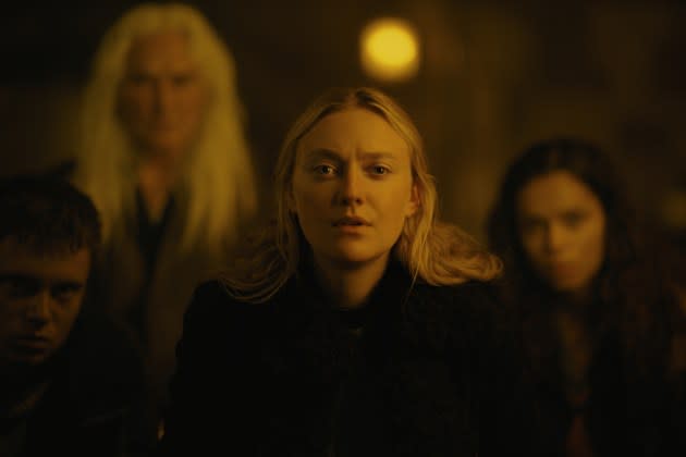 Oliver Finnegan, Olwen Fouéré, Dakota Fanning, and Georgina Campbell in 'The Watchers.' - Credit: Courtesy of Warner Bros. Pictures