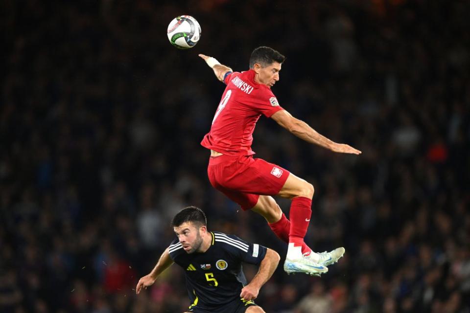 Robert Lewandowski suffered physical discomfort against Scotland. (Photo by Stu Forster/Getty Images)