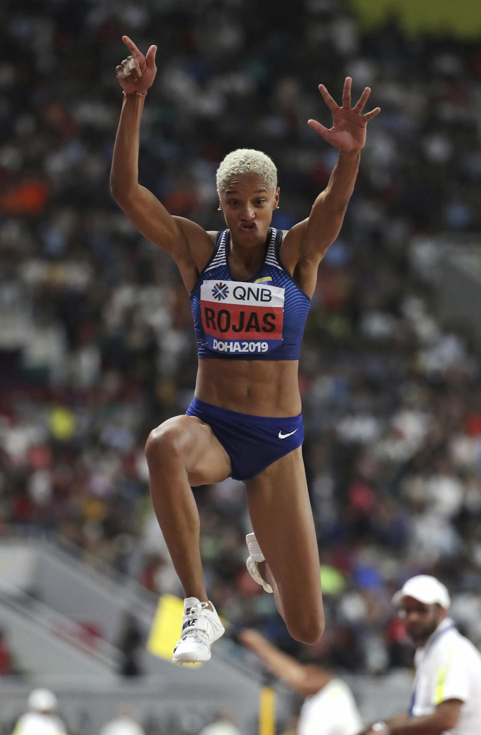 Yulimar Rojas, of Venezuela, competes in the women's triple jump final at the World Athletics Championships in Doha, Qatar, Saturday, Oct. 5, 2019. (AP Photo/Hassan Ammar)