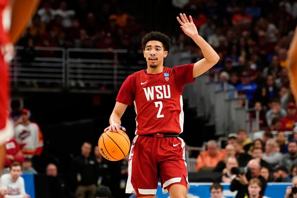 Washington State Cougars guard Myles Rice (2) gestures in the first half against the Iowa State Cyclones in the second round of the 2024 NCAA Tournament at CHI Health Center Omaha.
