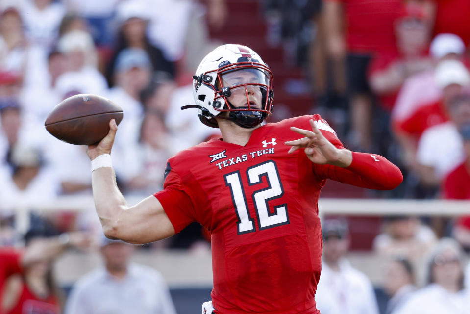 FILE - Texas Tech quarterback Tyler Shough throws a pass against Oregon during the first half of an NCAA college football game Sept. 9, 2023, in Lubbock, Texas. Louisville quarterback Tyler Shough is a grad transfer who threw for 2,922 yards and 20 touchdowns in three seasons at Texas Tech. (AP Photo/Chase Seabolt, File)