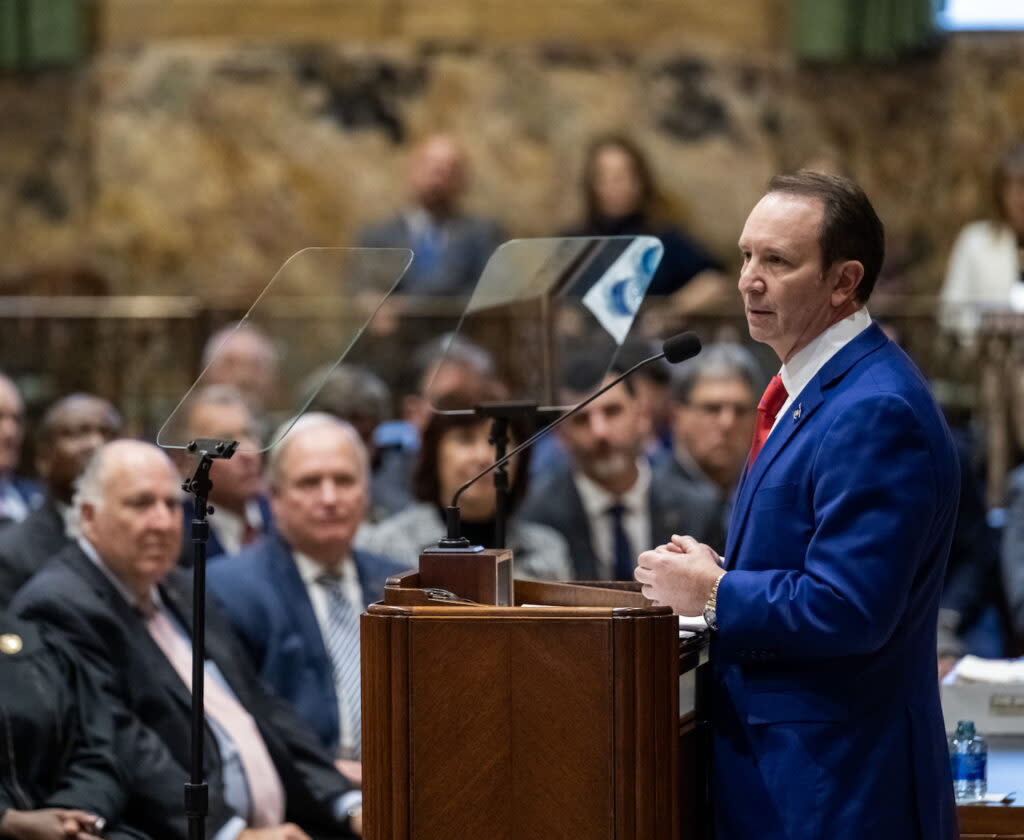 Gov. Jeff Landry addresses the Louisiana Legislature at the start of its special session on redistricting and election matters Jan. 15, 2024, at the State Capitol in Baton Rouge