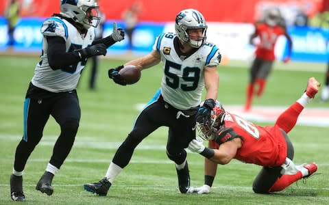 Luke Kuechly of the Carolina Panthers during the NFL game between Carolina Panthers andÂ Tampa Bay Buccaneers at Tottenham Hotspur Stadium on October 13, 2019 in London, England - Credit: Getty Images