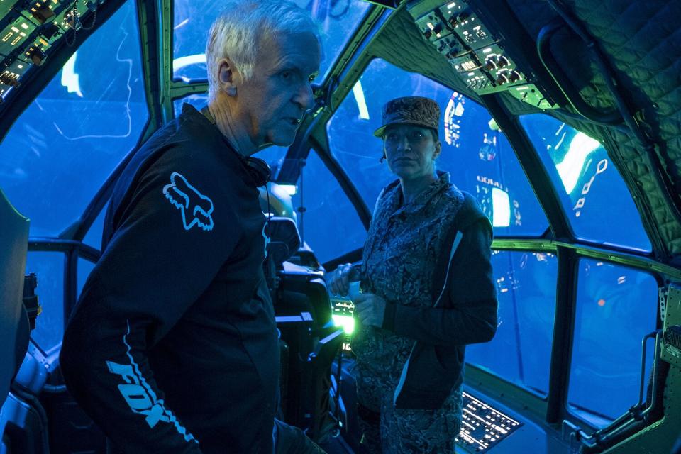Director James Cameron and Edie Falco on set of 20th Century Studios' AVATAR 2. Photo by Mark Fellman. © 2021 20th Century Studios. All Rights Reserved.
