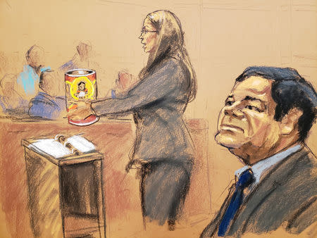 Assistant U.S. Attorney Andrea Goldbarg shows a can of jalapenos to the jury during the trial of Mexican drug lord Joaquin "El Chapo" Guzman, in this courtroom sketch, in Brooklyn federal court in New York City, U.S., January 30, 2019. REUTERS/Jane Rosenberg