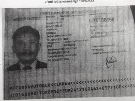 A view of a passport believed to belong to a suspect named by Thai police as Emrah Davutoglu of Turkey is seen in this handout picture released on September 2, 2015. REUTERS/Thai Police/Handout via Reuters