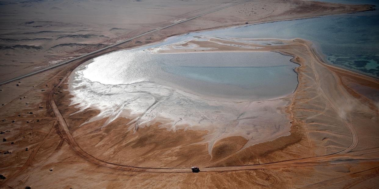 The planned development site for Neom, a barren desert landscape on the coast.