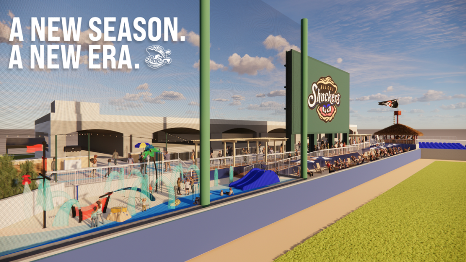 A new beach area, complete with a tiki bar, was created at the Biloxi Shuckers’ stadium in Biloxi. Improvements to the club and retail also are under way. Courtesy of Biloxi Shuckers