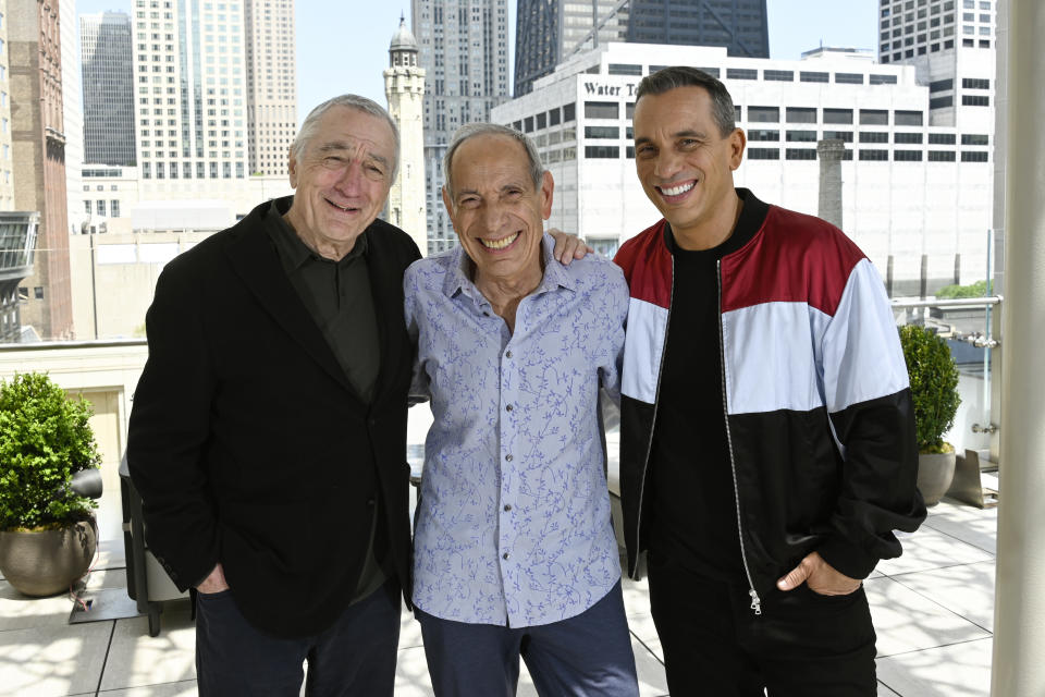 Robert De Niro, from left, Salvatore Maniscalo and Sebastian Maniscalo pose for a portrait to promote the film "About My Father" on Sunday, May 7, 2023, at the Peninsula Hotel in Chicago. (Photo by Matt Marton/Invision/AP)