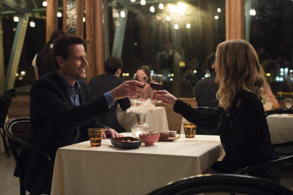 Ioan Gruffudd as Andrew Earlham and Joanne Froggatt as Laura Nielson in SundanceTV’s <i>Liar</i> (Photo: Joss Barratt/SundanceTV)