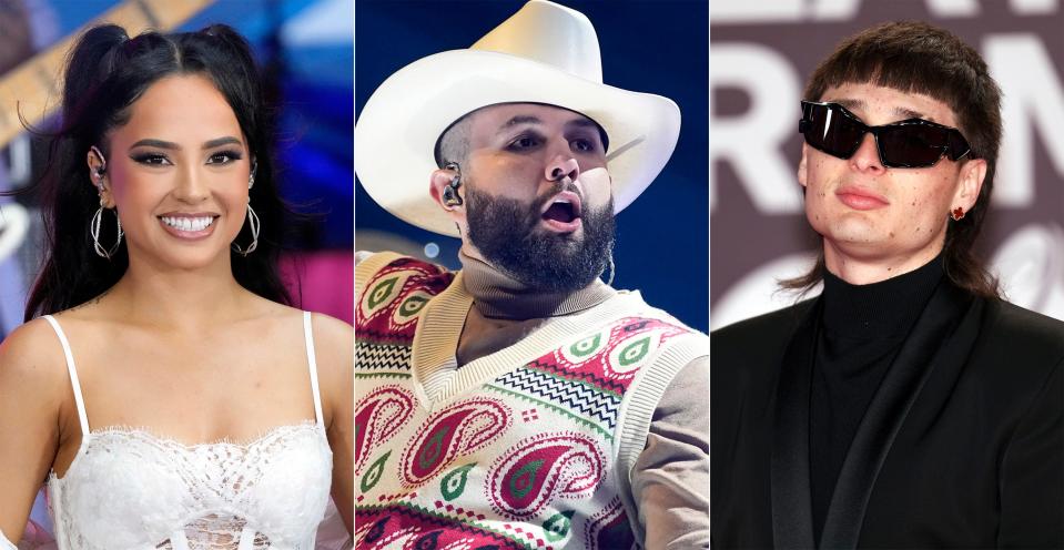 This combination of photos show Becky G, left, Carin León, center, and Peso Pluma. Regional Mexican music has become a global phenomenon, topping music charts, breaking streaming records and reaching new audiences as it crosses borders. (AP Photo)