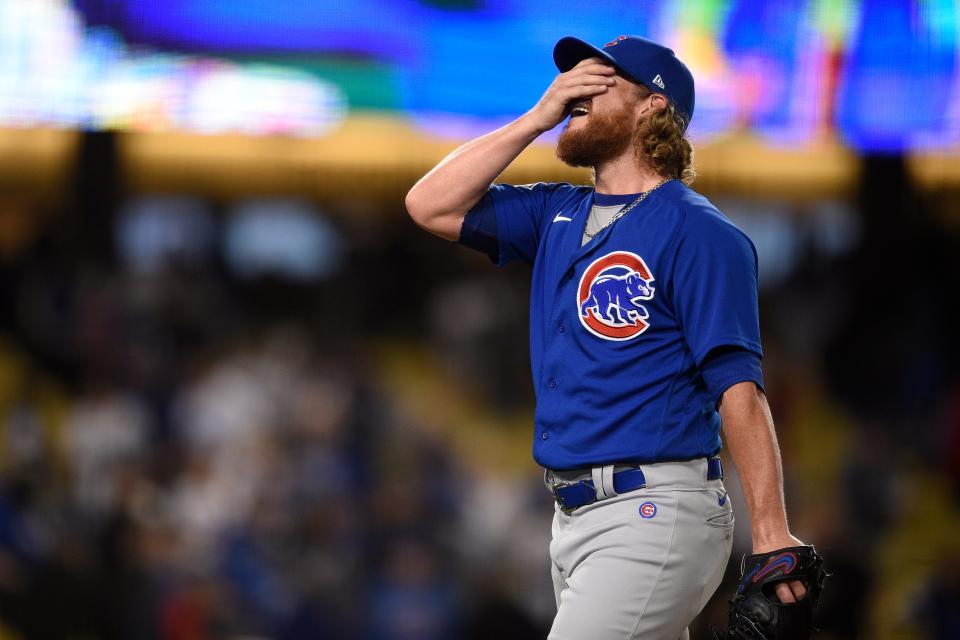 Chicago Cubs relief pitcher Craig Kimbrel reacts after pitching the final inning for a combined no-hitter after a baseball game against the Los Angeles Dodgers in Los Angeles, Thursday, June 24, 2021. The Cubs won 4-0. (AP Photo/Kelvin Kuo)