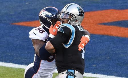 Feb 7, 2016; Santa Clara, CA, USA; Carolina Panthers quarterback Cam Newton (1) is sacked by Denver Broncos outside linebacker Von Miller (58) during the first quarter in Super Bowl 50 at Levi's Stadium. Mandatory Credit: Richard Mackson-USA TODAY Sports