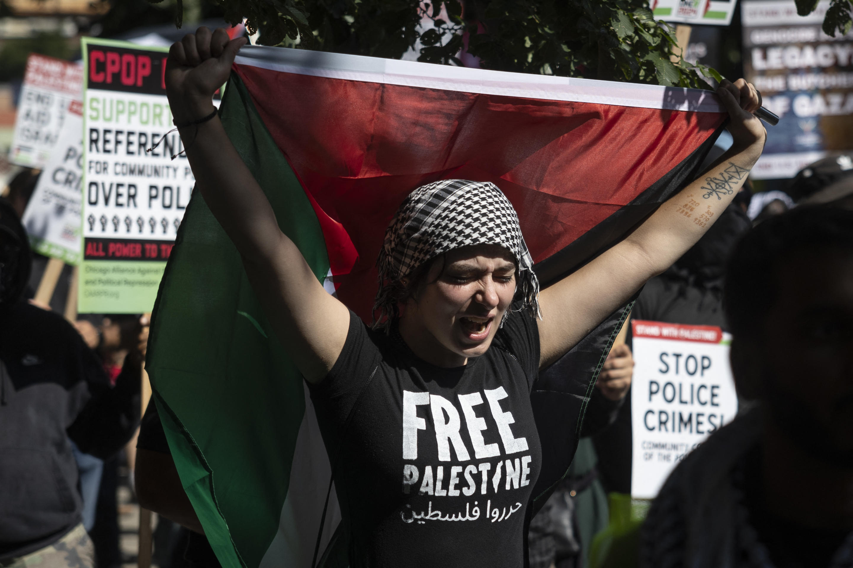 A pro-Palestinian demonstrator holds up a flag as protesters march.