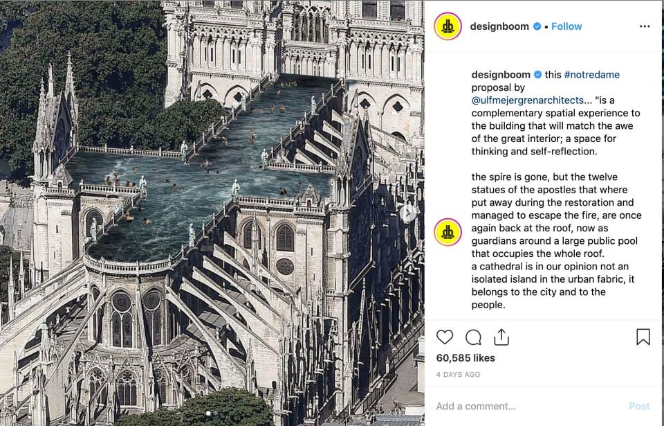 Pictures of the rooftop pool proposed for Notre Dame have garnered more than 60,000 likes on Instagram 