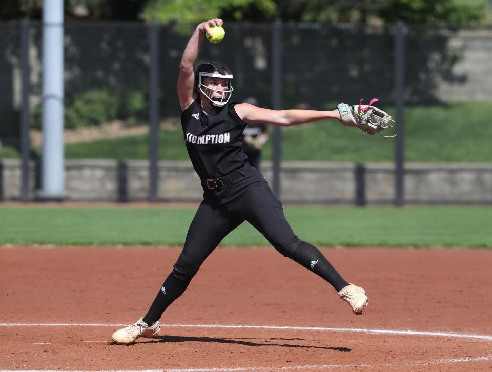 Assumption's Lauren Satterly (00) delivered a pitch against Ballard during the 7th Region semifinals at the Ulmer Stadium in Louisville, Ky. on May. 21, 2023.