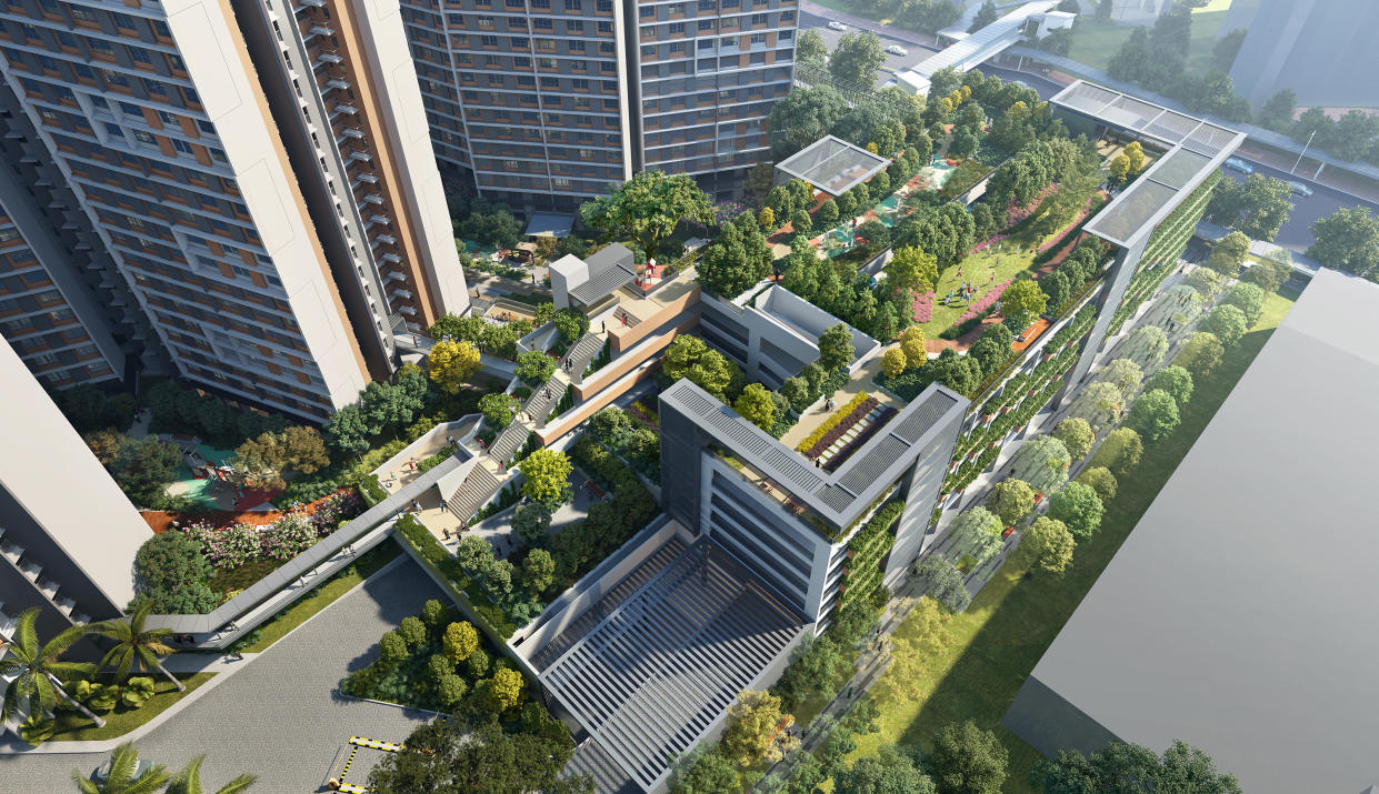 Roof garden fitness facilities and jogging loop at the multi-storey car park within Queen’s Arc, a BTO development launched in Queenstown in August 2021. (INFOGRAPHIC: HDB)