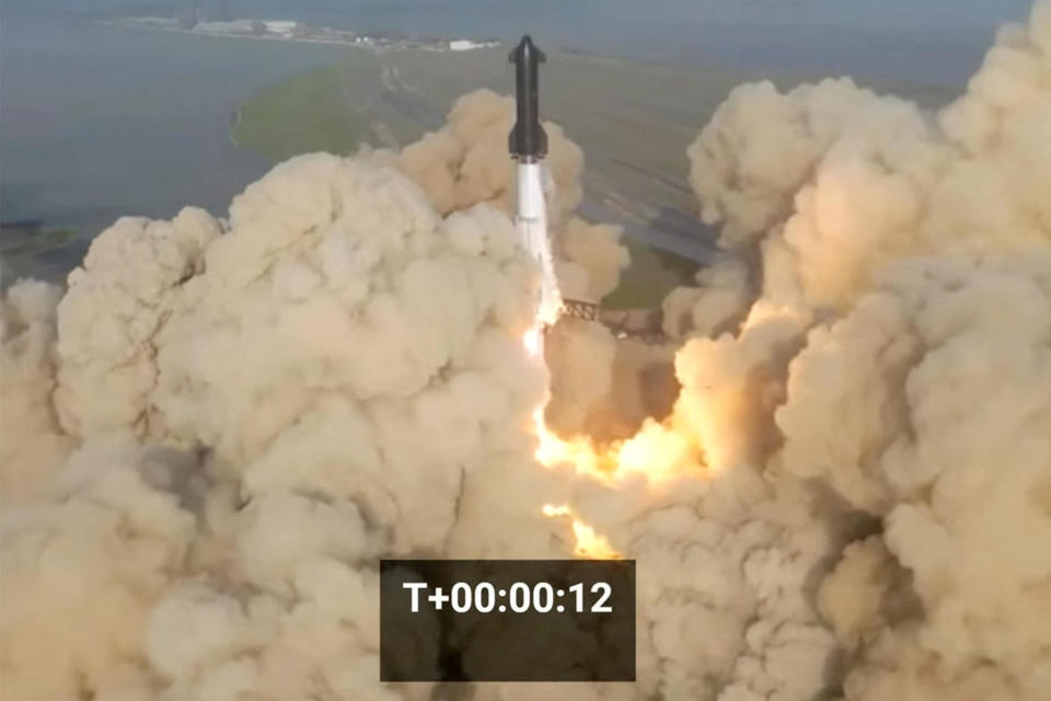 SpaceX's next-generation Starship spacecraft, atop its powerful Super Heavy rocket, lifts off from the company's Boca Chica launchpad on a brief uncrewed test flight from Boca Chica, Texas, April 20, 2023, in a still image from video. / Credit: SpaceX via Reuters