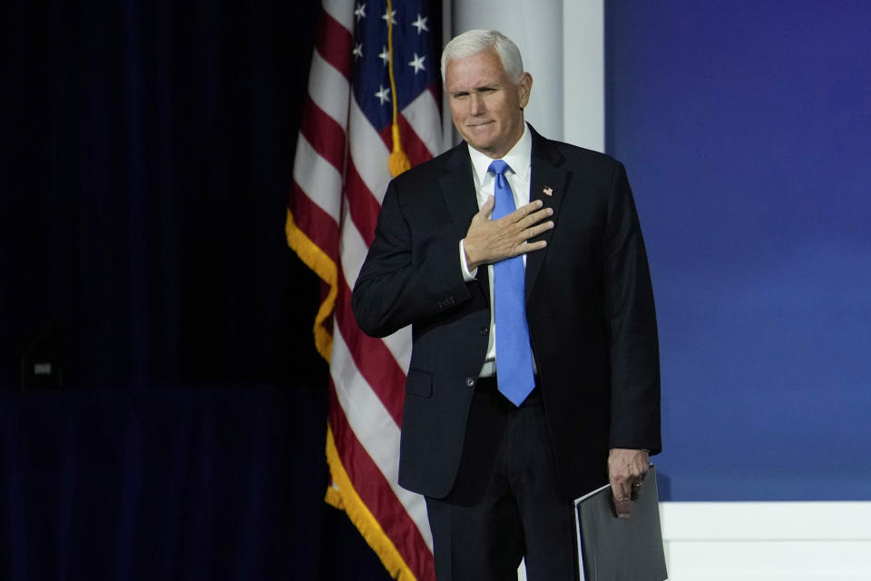 Former Vice President Mike Pence arrives to speak at an annual leadership meeting of the Republican Jewish Coalition, Saturday, Oct. 28, 2023, in Las Vegas. Pence is dropping his bid for the Republican presidential nomination, ending his campaign for the White House. He said in Las Vegas that "after much prayer and deliberation, I have decided to suspend my campaign for president effective today." (AP Photo/John Locher)