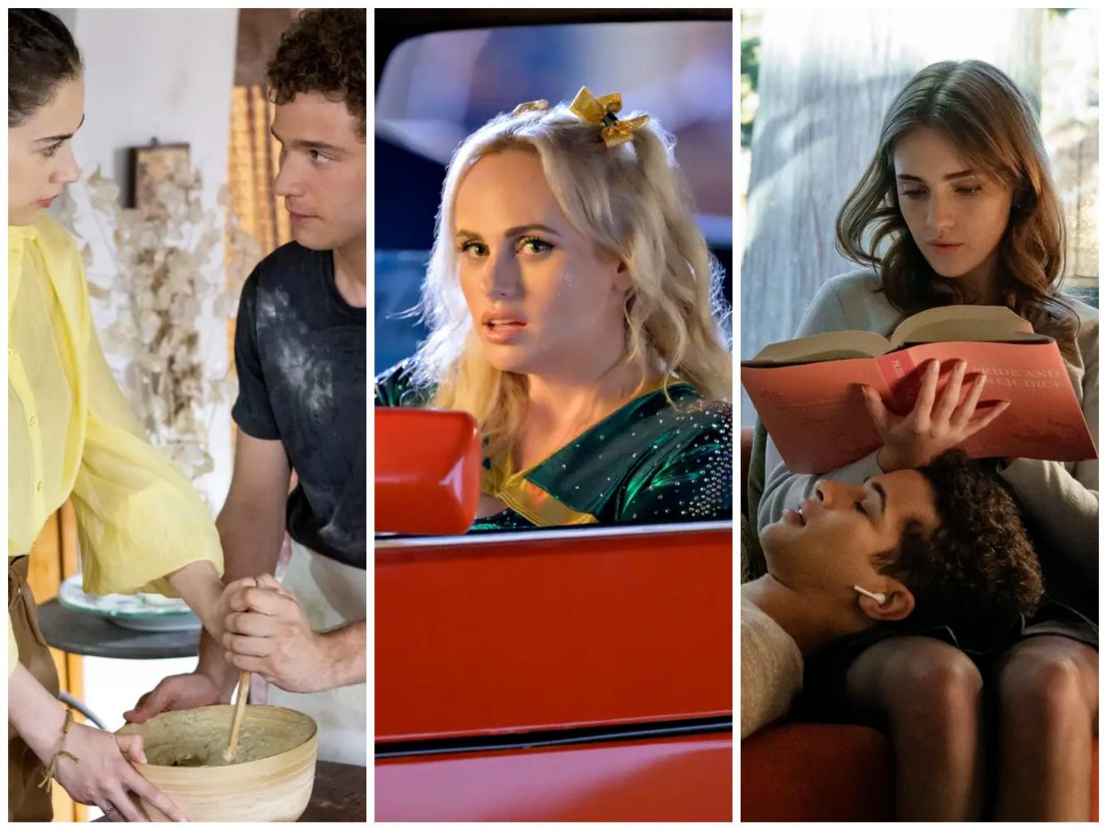 Actors Susanna Skaggs and Tobia De Angelis look at each other in "Love & Gelato"; Actress Rebel Wilson in "Senior Year"; Actors Jordan Fisher and Talia Ryder read in "Hello, Goodbye and Everything in Between"