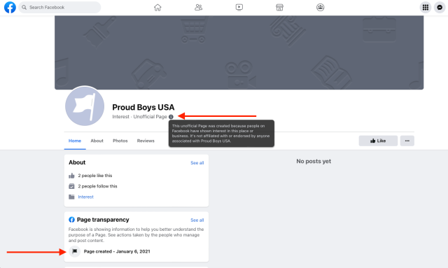 Screenshot of an autogenerated Facebook page marked Proud Boys USA, with red arrows indicating the date of its creation, January 6, 2021, and a label saying: This unofficial Page was created because people on Facebook have shown interest in this place or business. ...