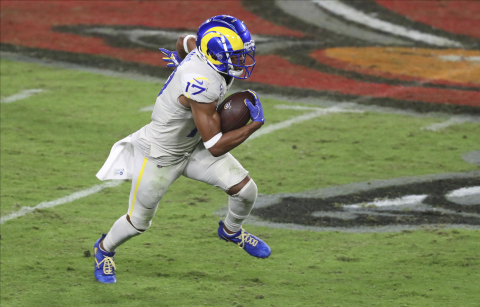 Los Angeles Rams wide receiver Robert Woods (17) runs after a catch against the Tampa Bay Buccaneers during the first half of an NFL football game Monday, Nov. 23, 2020, in Tampa, Fla. (AP Photo/Mark LoMoglio)