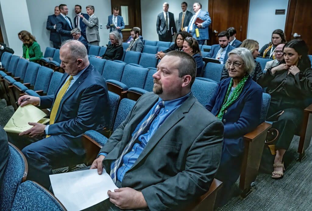 Former state Rep. Scotty Campbell waits to testify in the House Public Service Subcommittee in March 2023 on a measure sparked in part by his expulsion on sexual harassment charges. (Photo: John Partipilo)
