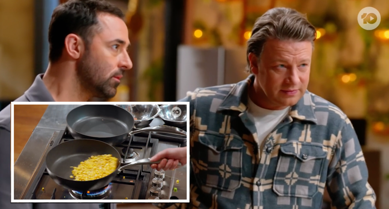 A screenshot of  Jamie Oliver on MasterChef Australia. Inset is a MasterChef contestant using a gas stove.