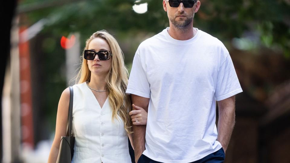 new york, new york august 22 jennifer lawrence l and cooke maroney are seen in the upper west side on august 22, 2023 in new york city photo by gothamgc images