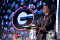Georgia head coach Kirby Smart speaks to reporters during the NCAA college football Southeastern Conference Media Days, Tuesday, July 20, 2021, in Hoover, Ala. (AP Photo/Butch Dill)
