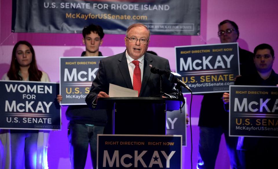 Republican Ray McKay announces his candidacy for the U.S. Senate race of 2024 against Sheldon Whitehouse in Warwick on May 4, 2023.