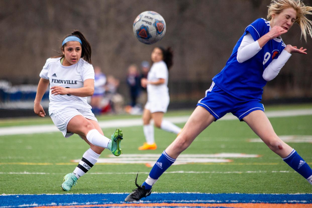 Fennville's Angelica Mendoza takes a shot at the net during a game against Saugatuck Wednesday, April 20, 2022, at Saugatuck High School. 