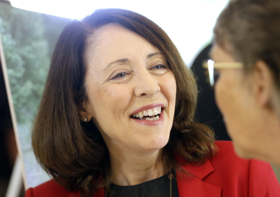 In this Monday, Sept. 10, 2018 photo, Washington U.S. Sen. Maria Cantwell is shown at a gathering in Vancouver, Wash.. Democratic incumbent Cantwell has easily won re-election for U.S. Senate in Washington state in previous years but as she seeks her fourth-term this November, she is facing her most recognizable opponent, Republican Susan Hutchison. (AP Photo/Don Ryan)