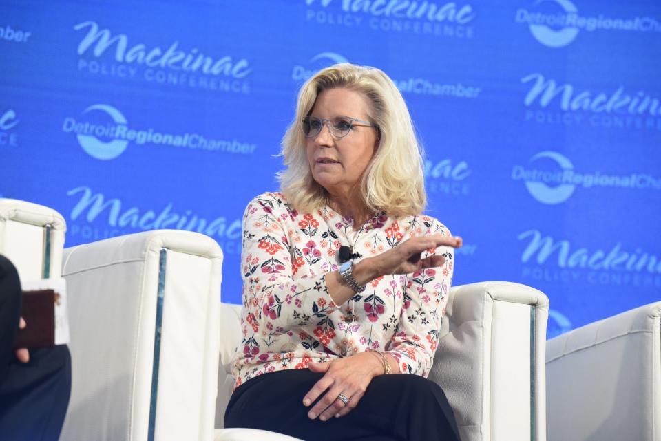 Former U.S. Rep. Liz Cheney speaks at the Mackinac Policy Conference on June 1, 2023, on Mackinac Island, Mich.