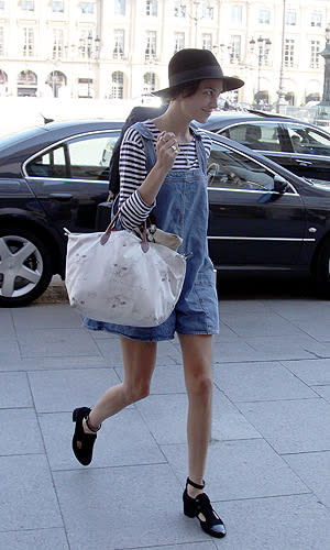 Alexa Chung brings dungarees back after being spotted wearing them during the Haute Couture Fashion Week on July 4, 2011 in Paris, France.