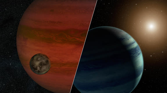 Scientists have detected the first "exomoon" candidate. This artist's concept shows a possible view of the exomoon (left) and a version of the system if it is actually a star and planet. Researchers will likely never know which of these two pos