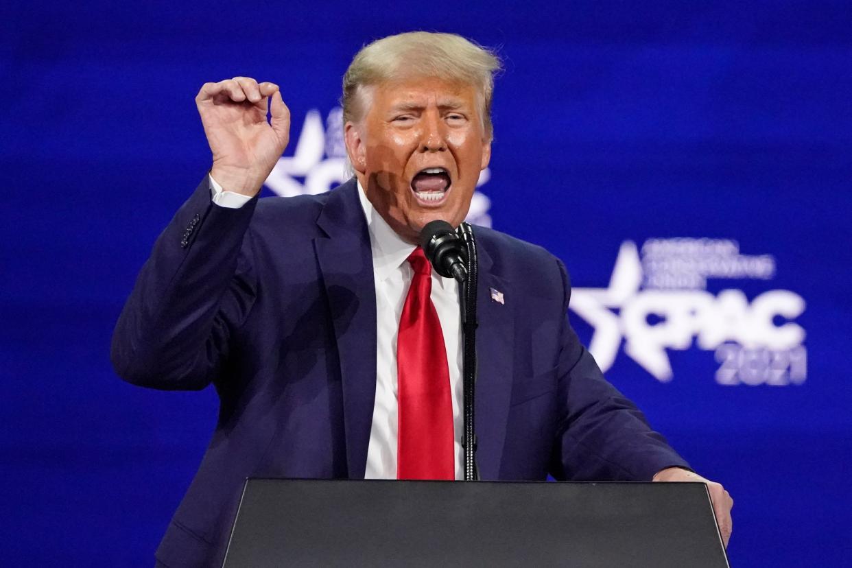 <p>Former President Donald Trump speaks at the Conservative Political Action Conference (CPAC), Sunday, Feb 28, 2021, in Orlando, Florida</p> ( (AP Photo/John Raoux))