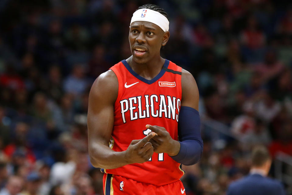 Jrue Holiday #11 of the New Orleans Pelicans reacts against the Minnesota Timberwolves during the second half at the Smoothie King Center on March 03, 2020.