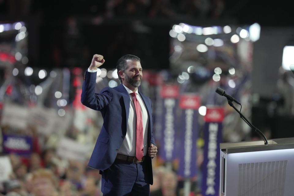 Donald Trump Jr. speaks during the third day of the Republican National Convention at Fiserv Forum. The third day of the RNC focused on foreign policy and threats.